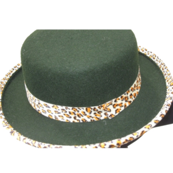 NEW WOMAN'S GREEN FELT HAT WITH LEOPARD SASH AND TRIM - Picture 2 of 3